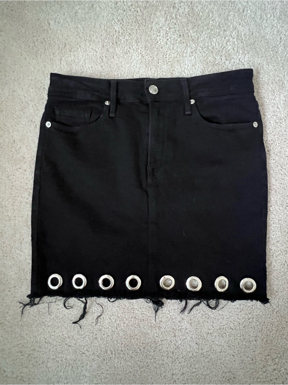 Good American Black Denim Mini Skirt with Silver Grommet Hem - 4/27